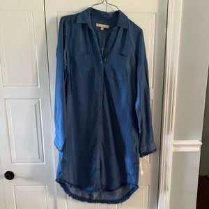 Hope & Harlow Blue Denim Tencell Fringe Shirt Dress